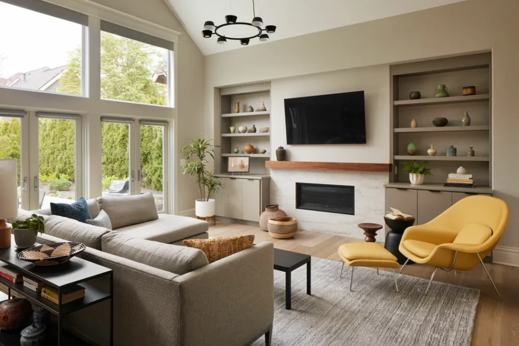 Modern living room with large windows, a gray sectional sofa, a yellow lounge chair with ottoman, light wood floors, built-in shelves with decor, a wall-mounted TV, fireplace, and neutral-colored walls.