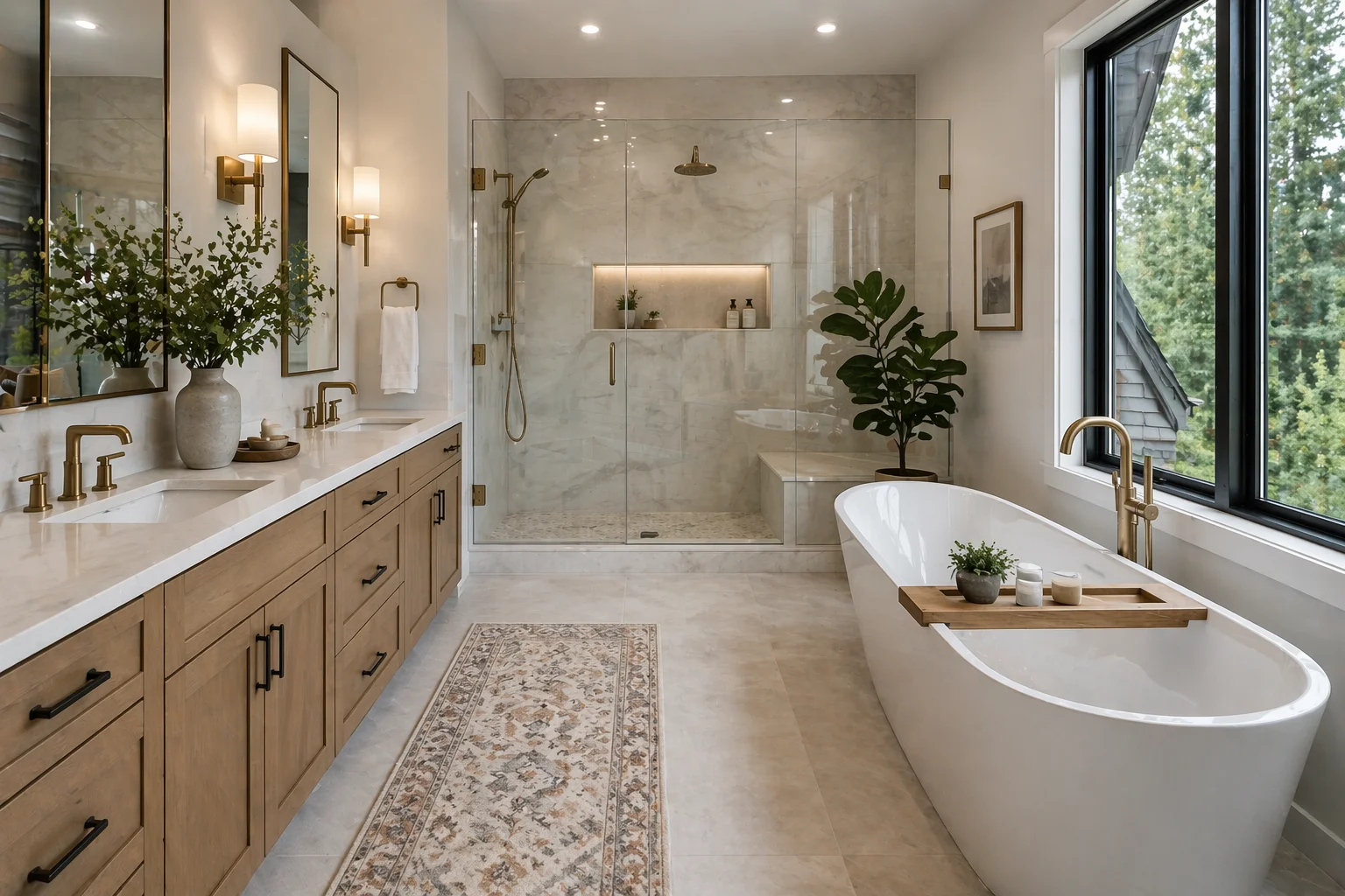 Modern bathroom with a freestanding tub, double-sink vanity with wood cabinets, glass-enclosed shower, gold fixtures, large window, indoor plants, and a patterned rug on a light tile floor.