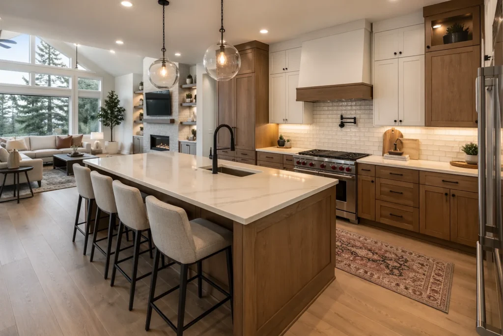 Modern kitchen with a large island, four cushioned stools, wood cabinetry, white countertops, stainless steel appliances, pendant lights, and open shelving. Living room with a fireplace is visible in the background.