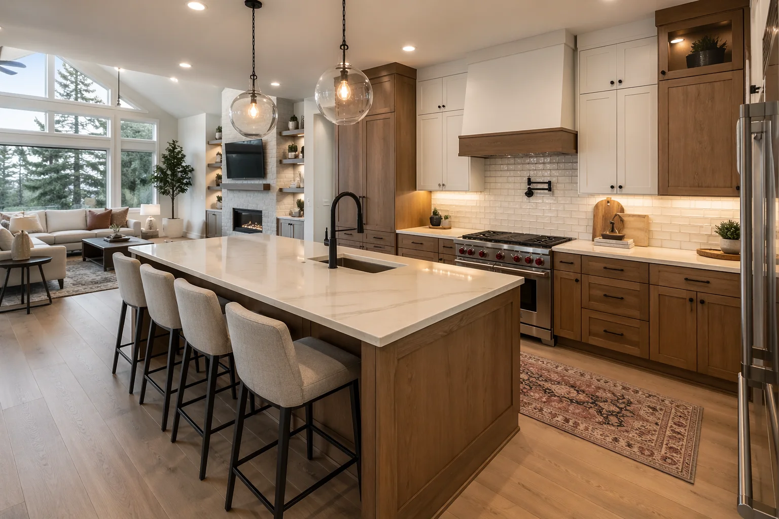 Modern kitchen with a large island, four cushioned stools, wood cabinetry, white countertops, stainless steel appliances, pendant lights, and open shelving. Living room with a fireplace is visible in the background.
